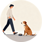 Calm street dog sitting peacefully as a person walks past, with a food bowl nearby showing reduced aggression through regular feeding