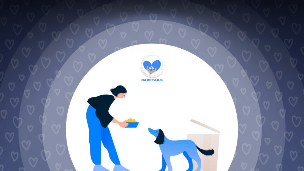 Person feeding a happy dog with the Caretails heart logo in a blue, heart-patterned background