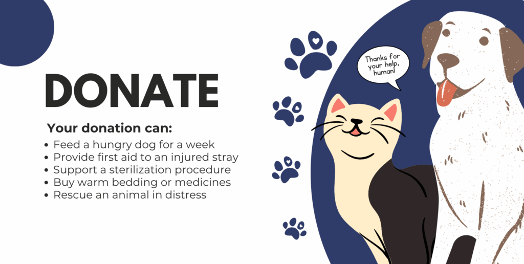 Smiling dog and cat beside a Donate message explaining how contributions feed, treat, and rescue community animals