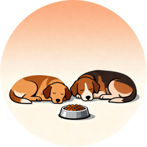 Two relaxed street dogs resting peacefully near a full food bowl, showing calmer behaviour after regular feeding