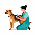 Caregiver calmly examining a relaxed street dog up close to monitor health before coordinating sterilisation